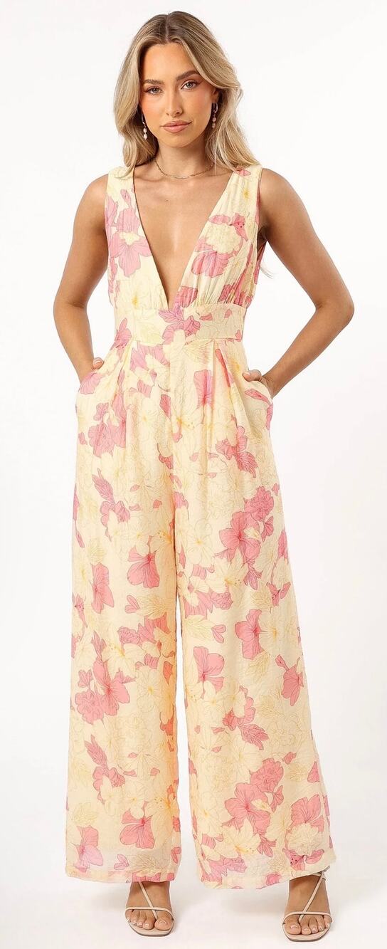 NWT Petal & Pup Halle Yellow Pink Floral Wide Leg Flowy Jumpsuit-Size L